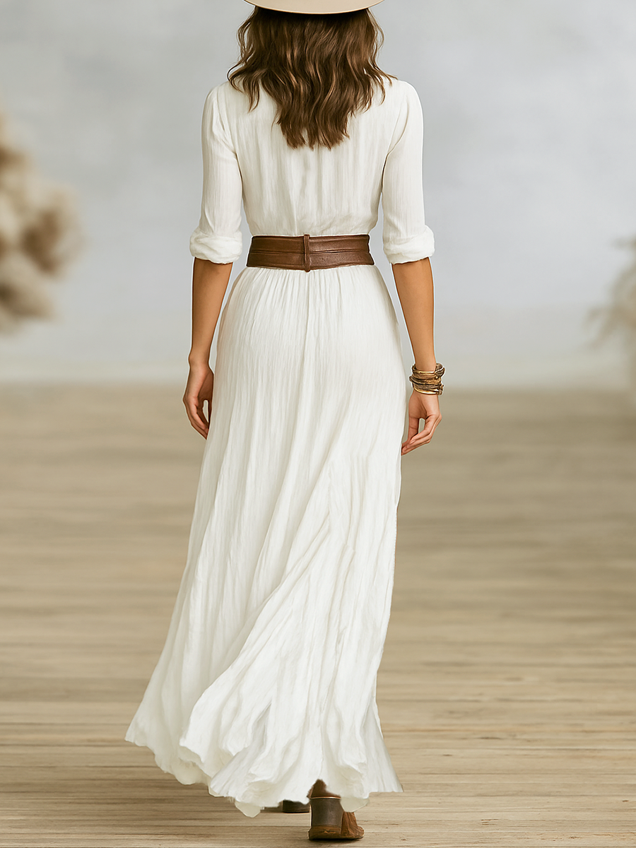 Vestito Maxi Lungo in Lino con Collo Invertito