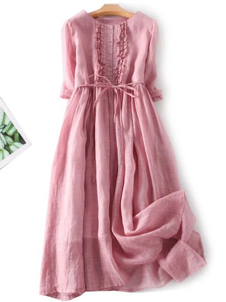 Modavia™ - Abito da Donna in Stile Retro con Collo Rotondo e Lacci in Vita