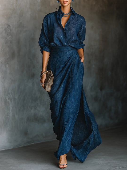 Valeria | Elegante completo di camicia e gonna lunga in misto cotone e lino blu scuro