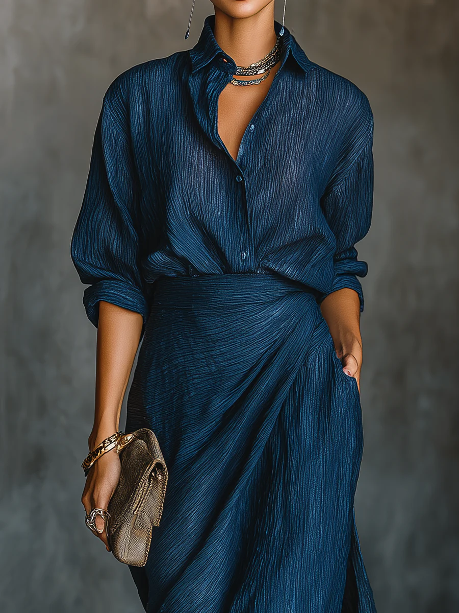 Valeria | Elegante completo di camicia e gonna lunga in misto cotone e lino blu scuro