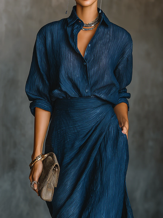 Valeria | Elegante completo di camicia e gonna lunga in misto cotone e lino blu scuro